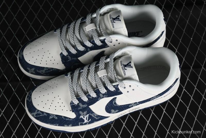 Nike SB Dunk Low LV Collaboration - Dark Blue Denim Anniversary High-End Custom Low-Top Casual Skate Shoes - XP3802-335