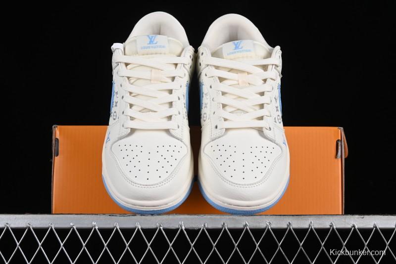 Nike SB Dunk Low LV Collaboration - Beige Blue Double Swoosh Print Anniversary Custom Low-Top Casual Sneakers - CF3688-005