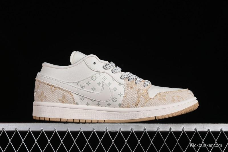 Nike Air Jordan 1 Low LV Collaboration Denim Khaki Customized Casual Sneakers - SJ9950-002