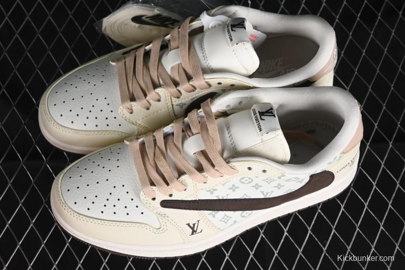 Nike Travis Scott x Fragment Design x Jordan Air Jordan 1 Low OG SP AJ1 LV Beige Brown Print Casual Sneakers - LJ5188-006