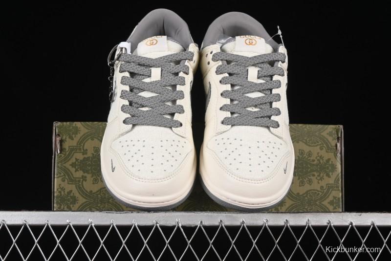 Nike SB Dunk Low Gucci Collaboration Anniversary High-End Custom Sneakers in Off-White & Dark Gray Swoosh - DQ1098-383