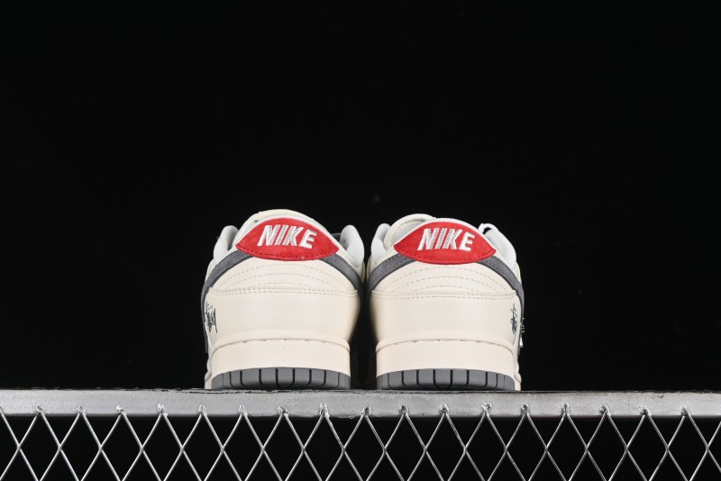 Nike SB Dunk Low Stussy Collaboration - Grey Pigskin Red Tail Anniversary High-End Custom Low-Top Casual Skate Shoes - XY2025-015