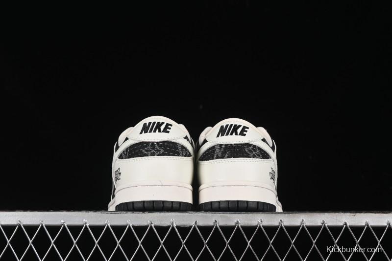 Nike SB Dunk Low LV Collaboration - Beige Black Printed Denim Anniversary High-End Custom Low-Top Casual Skate Shoes - XB3802-357