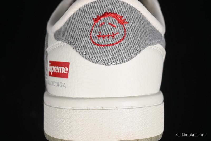 Nike Travis Scott x Fragment Design x Air Jordan 1 Low OG SP AJ1 Supreme Collaboration - Light Grey Denim Two-Tone Low-Top Casual Sneakers - JH6088-705