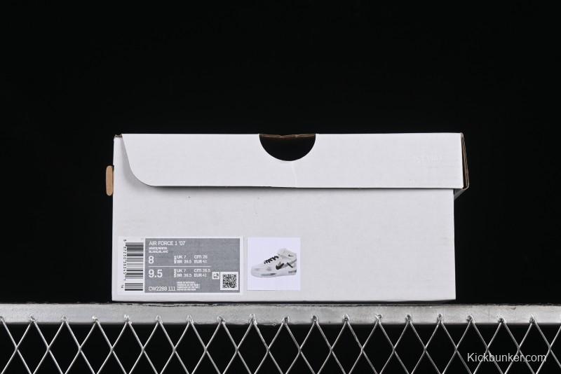 Nike Air Force 1 '07 Mid Casual Sneakers in White/Grey/Black with Hand-Painted Cracked Swoosh Shadow Detail - CW2289-111