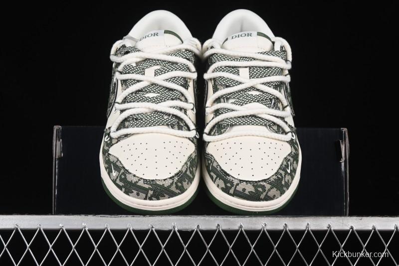 Nike SB Dunk Low Dior Collaboration - Strap Woven Green Check Anniversary High-End Custom Low-Top Casual Skate Shoes - SJ2068-309