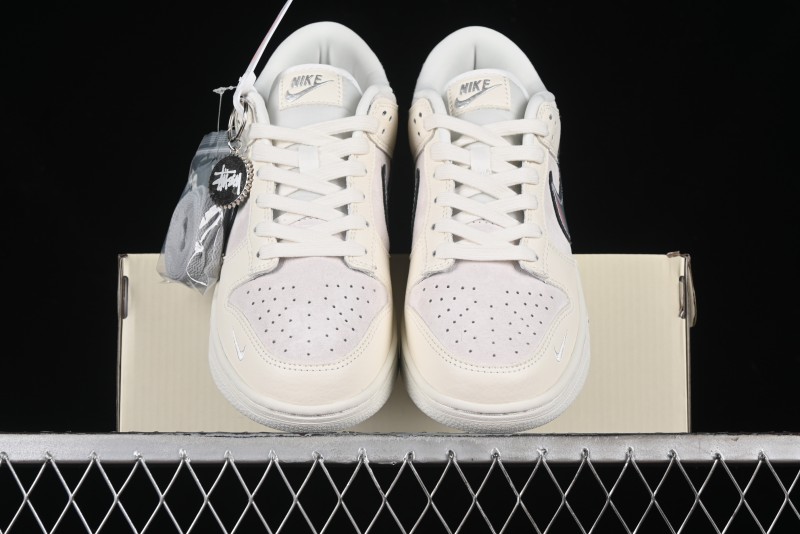 Nike SB Dunk Low Supreme x Stussy Triple Collaboration - Beige Silver Swoosh Anniversary Custom Low-Top Casual Skate Shoes - KK1333-005