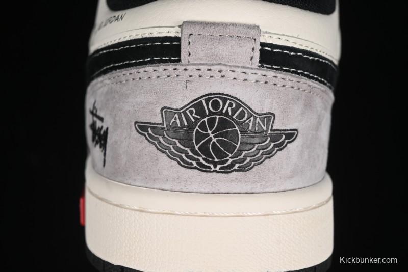 Nike Air Jordan 1 Low Stussy Collaboration - Grey Black Red Label Retro Basketball Shoes - SJ9950-034