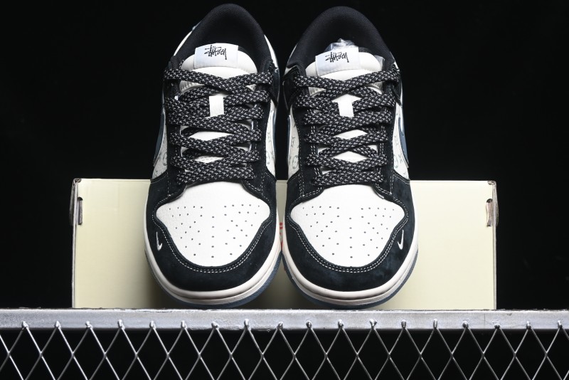 Nike SB Dunk Low Stussy Collaboration - Black White Print Anniversary Custom Low-Top Casual Sneakers - XX3168-212