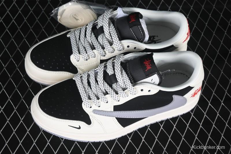Nike Travis Scott x Fragment Design x Air Jordan 1 Low OG SP AJ1 Sneakers in Light Grey Black Patchwork - XZ6188-575