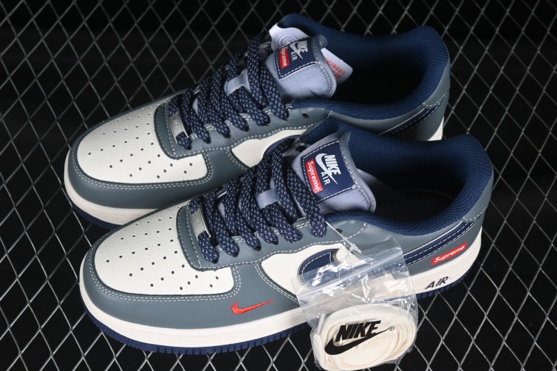 Nike Air Force 1 '07 Low Supreme Casual Sneakers in Grey Blue with Red Swoosh - XZ6188-382