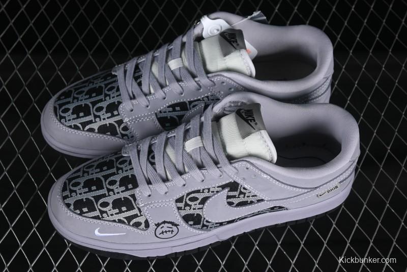 Nike SB Dunk Low Dior x TS Triple Collaboration Canvas Grey Check Anniversary High-End Custom Low-Top Casual Sneakers - KK1333-029
