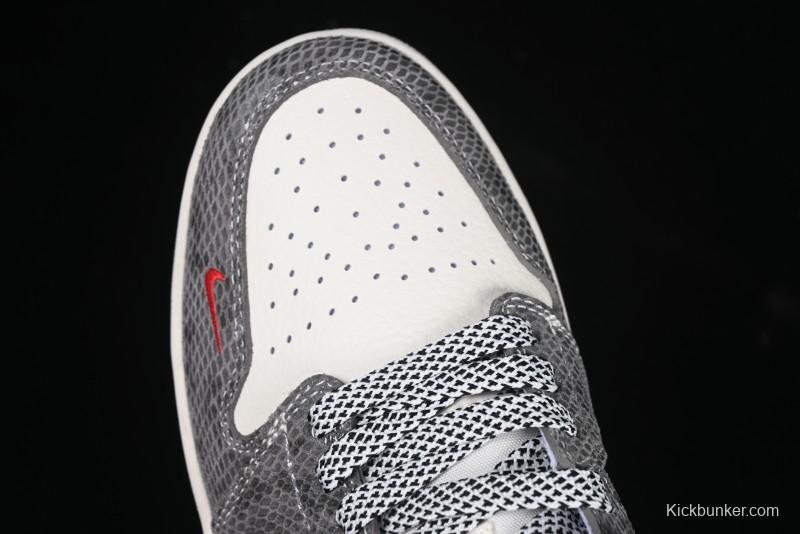 Nike Air Jordan 1 Low Retro Basketball Shoes with Custom Stussy Grey Snake Design - FC1688-202