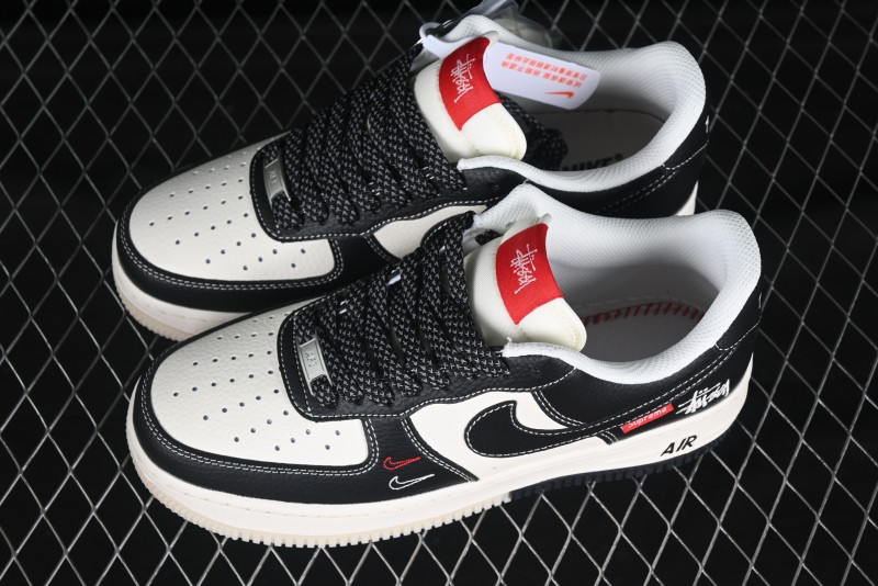 Nike Air Force 1 '07 Low Stussy Supreme Collaboration Dual-Tone Black Red Logo Low-Top Casual Sneakers - HH7518-043