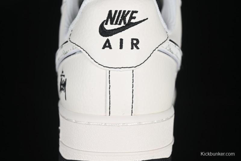 Nike Air Force 1 '07 Low Stussy Collaboration Beige Black Floral Swoosh Casual Sneakers - HH7518-040
