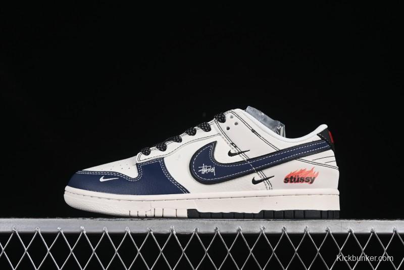 Nike SB Dunk Low Stussy Collaboration Beige Blue Flame Anniversary Custom Low-Top Casual Skate Shoes - ZH2598-226