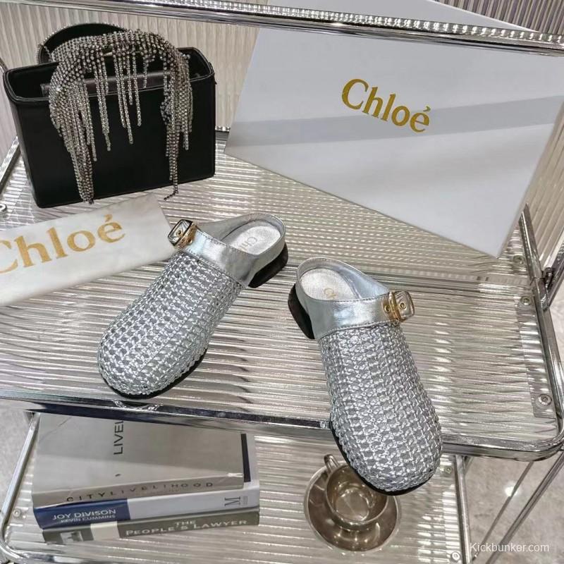 2025 Women Chloé Silver Leather Woven Slippers