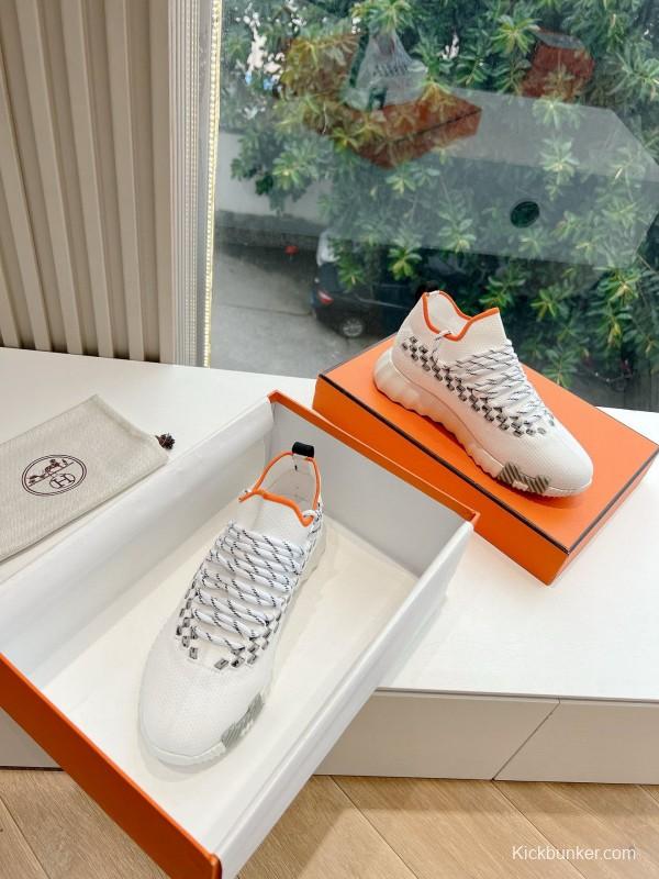 2024 Unisex Hermès White Black Orange Knit Sneakers