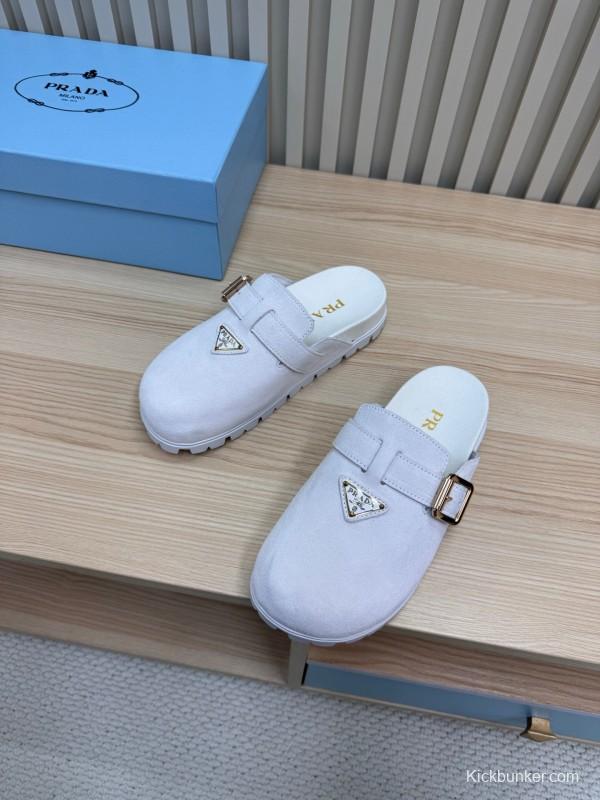2025 Slippers Prada Light Gray Suede Slippers LY00280