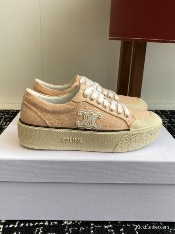 2025 Women Celine Beige Canvas Leather Platform Sneakers