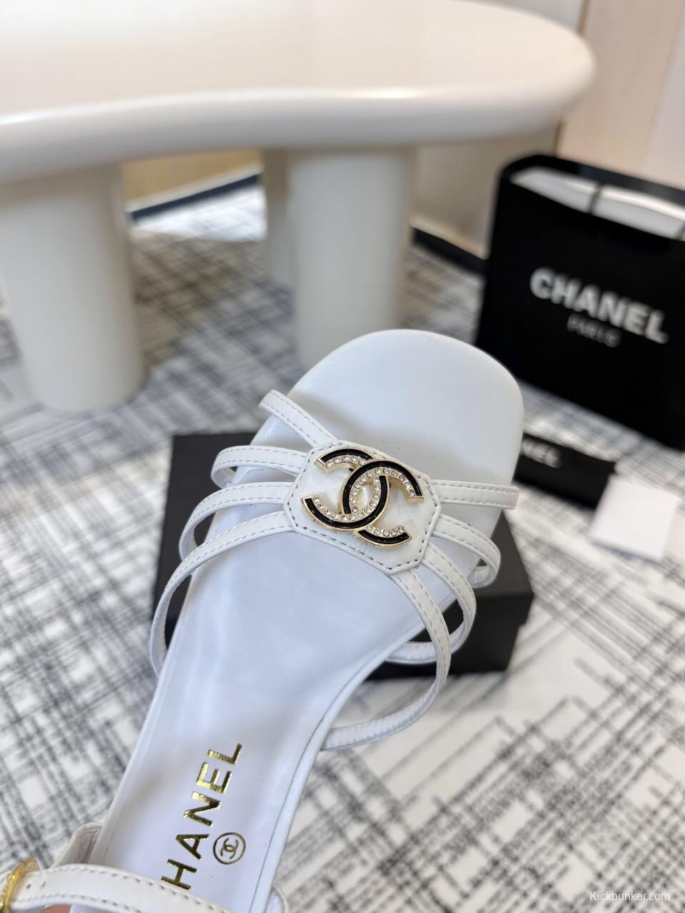 2025 Women Chanel White Leather Sandals LY00270