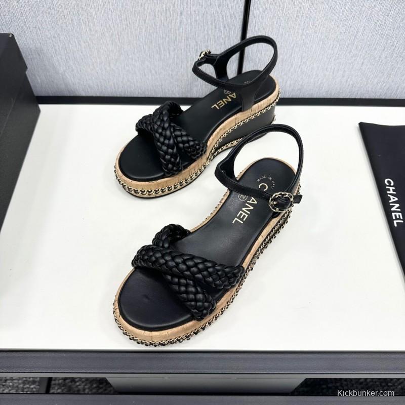 2025 Women Chanel Black Leather Braided Wedge Sandals