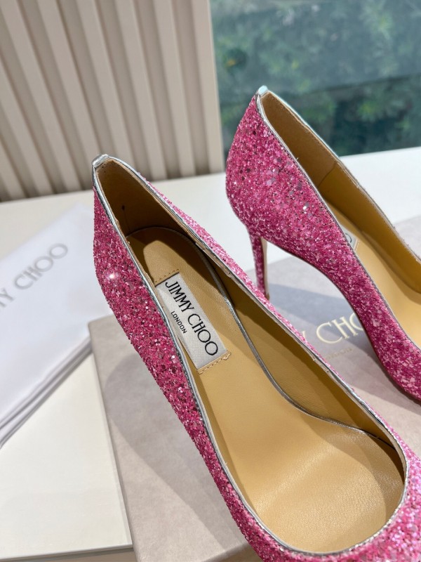 2025 Women Jimmy Choo Pink Glitter Leather High Heels KFY00280