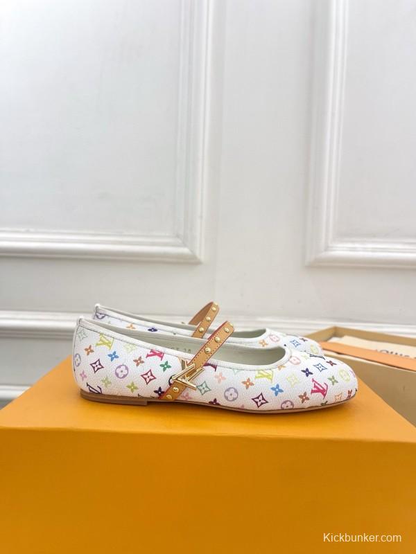 2025 Women Louis Vuitton White Multicolor Canvas Ballet Flat MJ00300