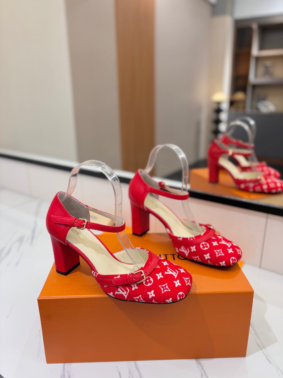 2025 Women Louis Vuitton Red Canvas Leather Heels KFY00310