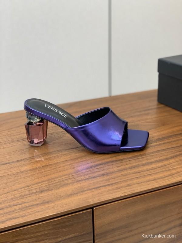 2025 Women VERSACE Purple Leather Slippers