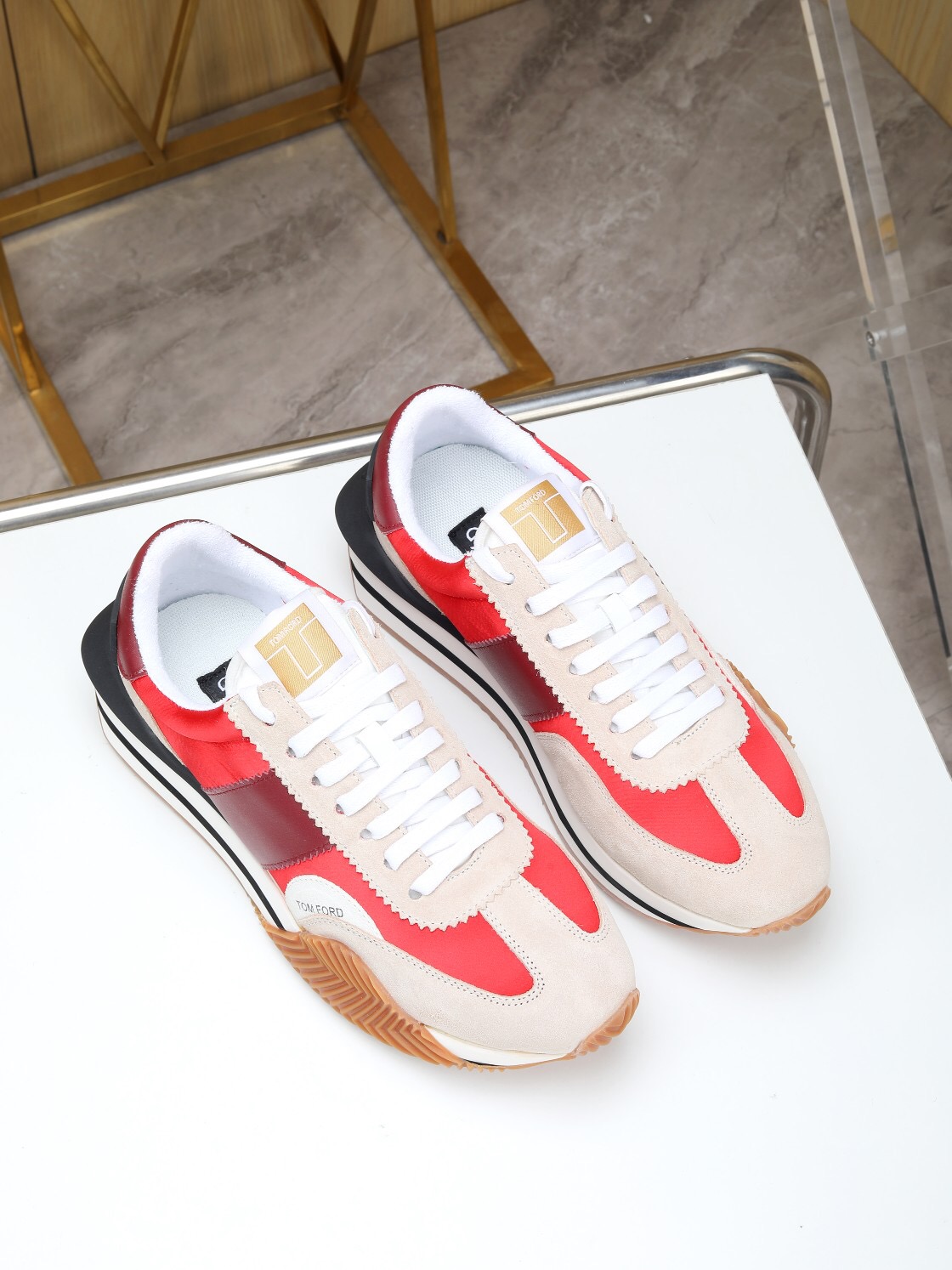 2025 Unisex TOM FORD Red Burgundy White Suede Leather Sneakers LY00360(F)/LY00370(M)