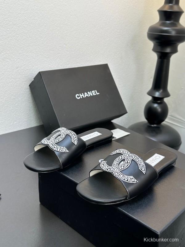 2025 Women Chanel Black Leather Rhinestone Logo Slide Sandals LY00360(F)