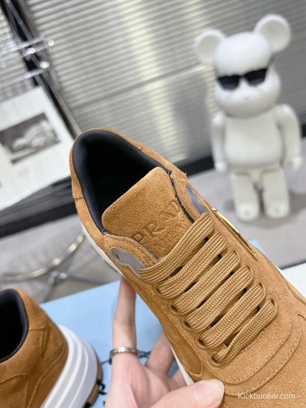 2025 Unisex Prada Brown Suede Leather Sneakers KFY00310