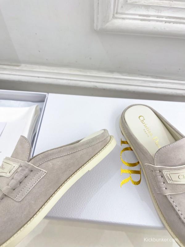 2025 Women Dior Beige Suede Mule Loafers Vintage Style Handmade LY00360(F)
