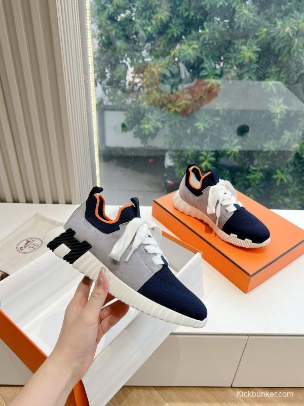 2024 Unisex Hermès blue grey orange knit leather sneakers