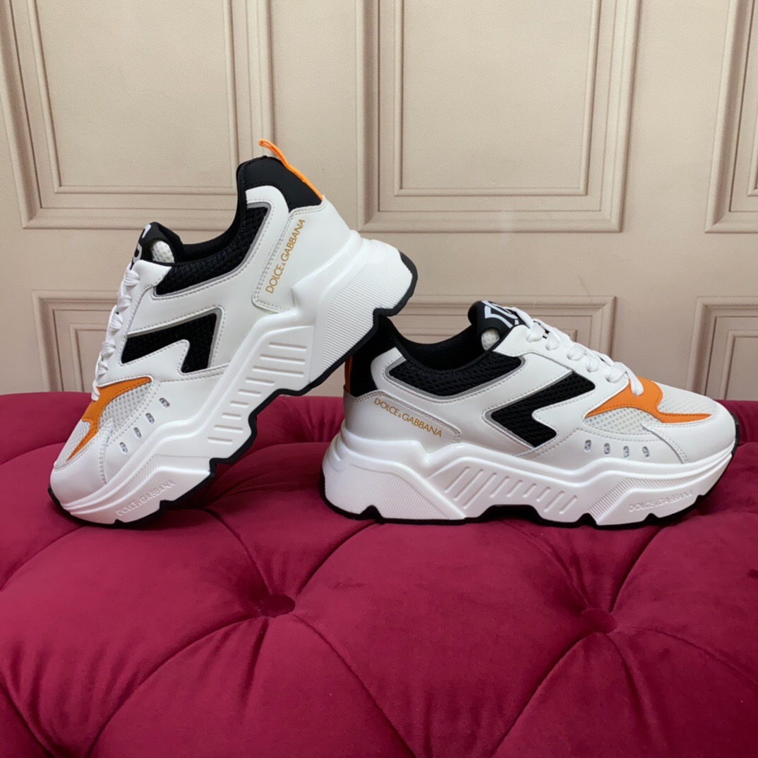 2025 Unisex Dolce & Gabbana White Black Orange Leather Lycra Sneakers LY00330(F)/LY00340(M)