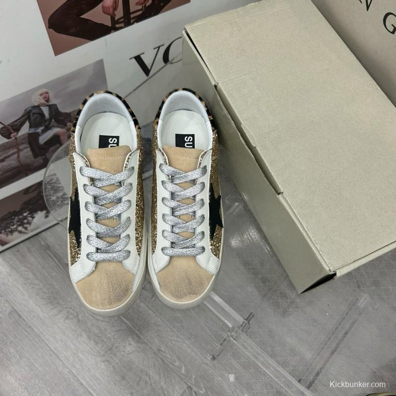 2025 Women GGDB Gold Glitter Black Leather Star Leopard Print Suede Sneakers