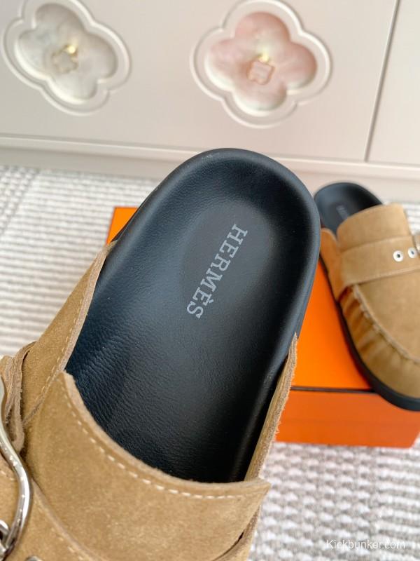 2025 Women Hermès Light Brown Suede Mule Handmade KFY00290