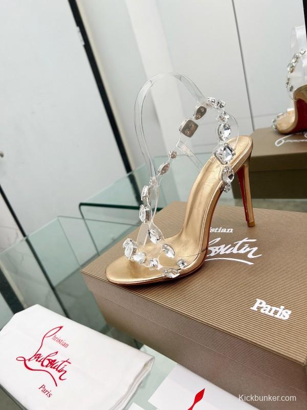 2025 Women Christian Louboutin Gold PVC Crystal High Heel Sandals LY00300