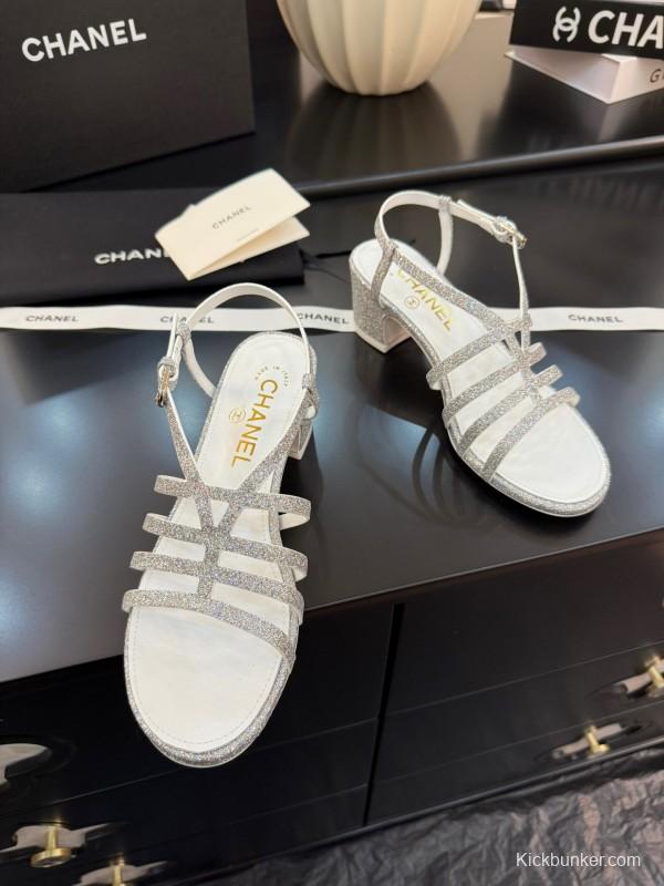 2025 Women Chanel White Synthetic Leather Sandals