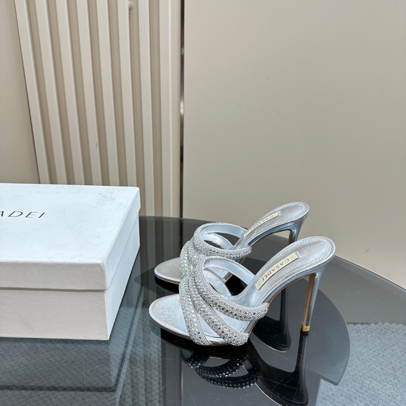 2025 Women Casadei Silver Leather High Heel Crystal Embellished KFY00290