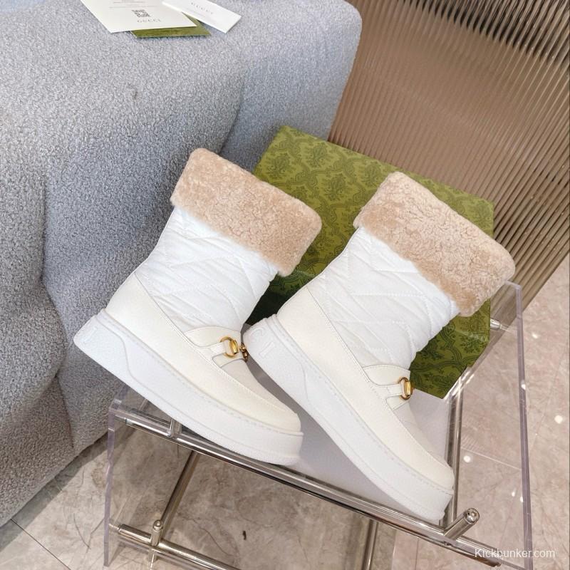2024 Women Gucci White Sheepskin Snow Boots Gold Hardware