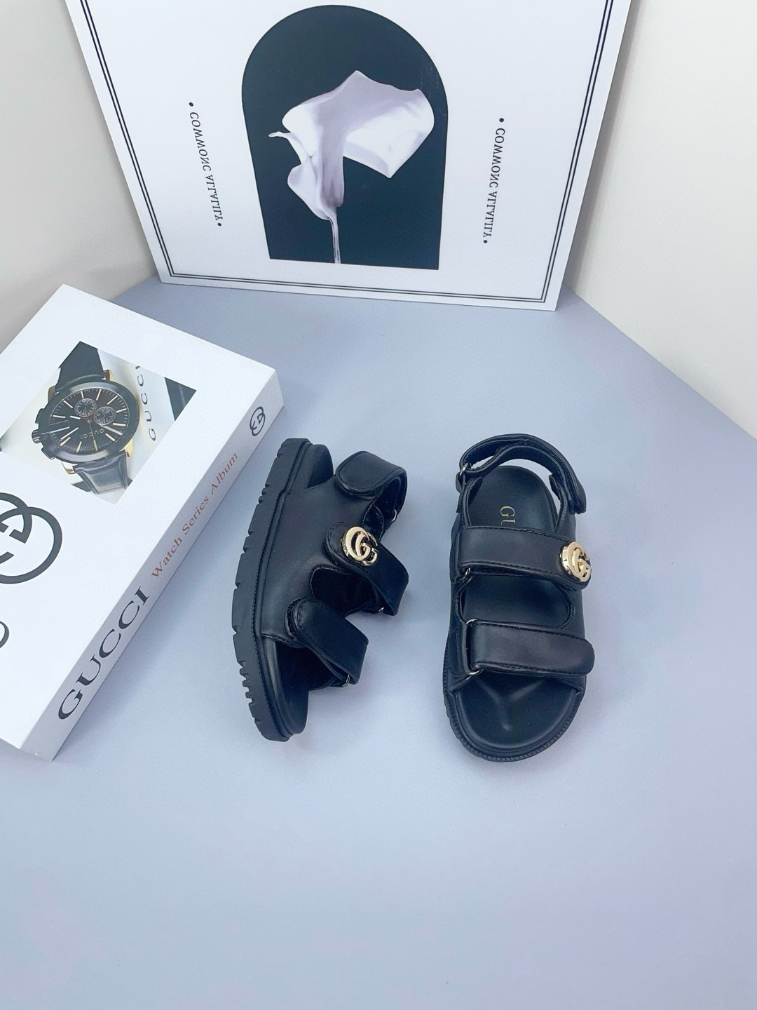 2025 Kids Gucci Black Brown Canvas Leather Sandals