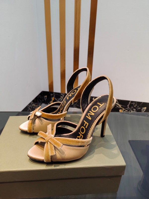 2025 Women TOM FORD Beige Velvet Silk High Heel Slingback Bow KFY00300