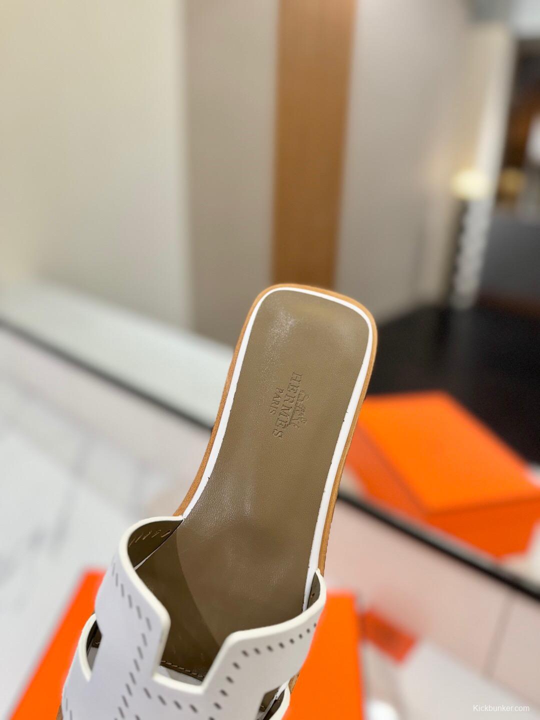 2025 Women Hermès White Leather Slippers