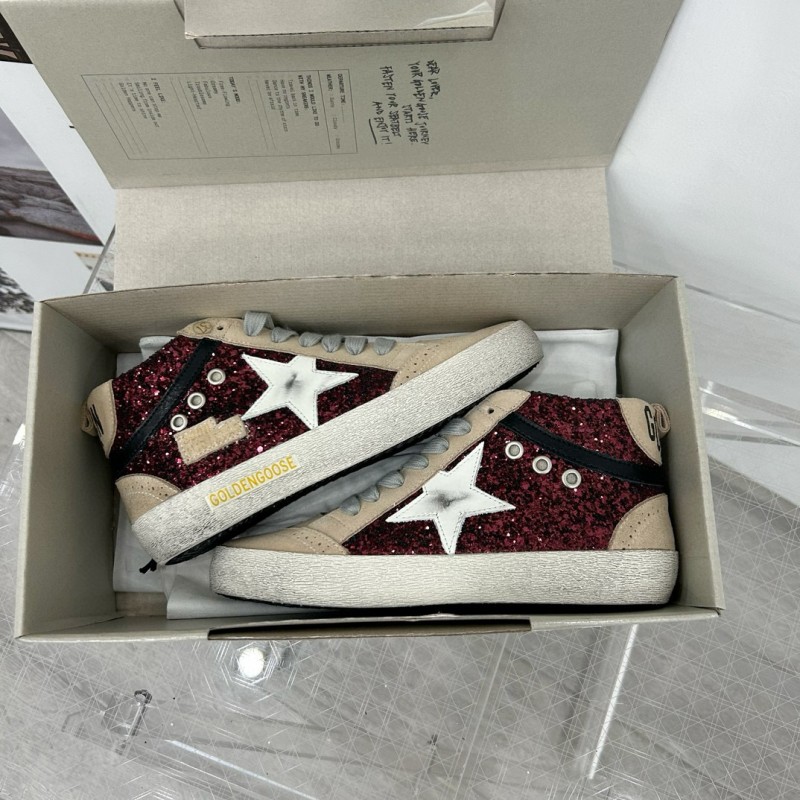 2024 Unisex GGDB Burgundy Beige Glitter Leather High Top Sneakers MJ00300