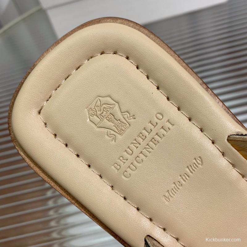 2025/Women Brunello Cucinelli Beige Leather Flat Sandals Handcrafted Chain Detail KFY00300 (F)