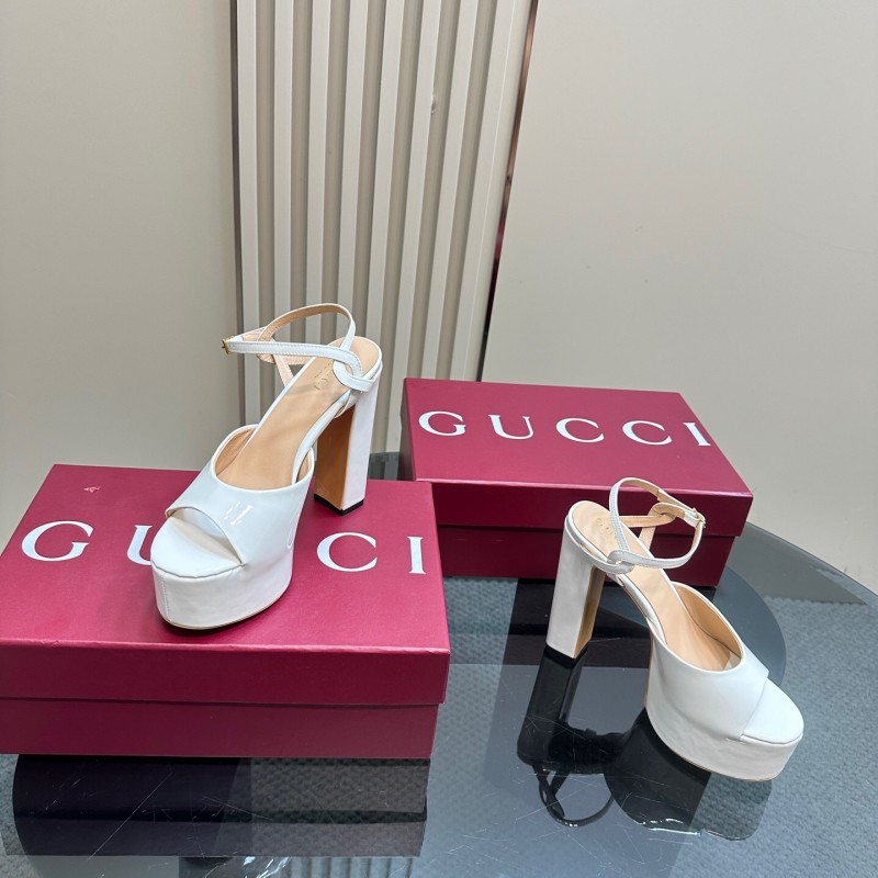 2025 Women Gucci White Leather Platform Sandals