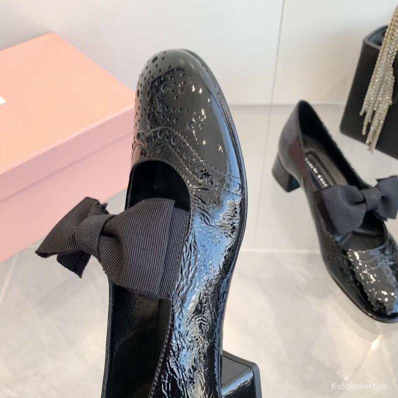 2025 Women Miu Miu Black Patent Leather Mary Jane Bow KFY00280