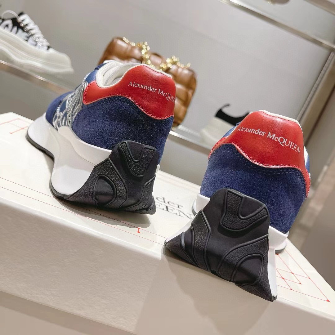 2024 Unisex Alexander McQueen Blue Red Leather Suede Mesh Sneakers MJ00370